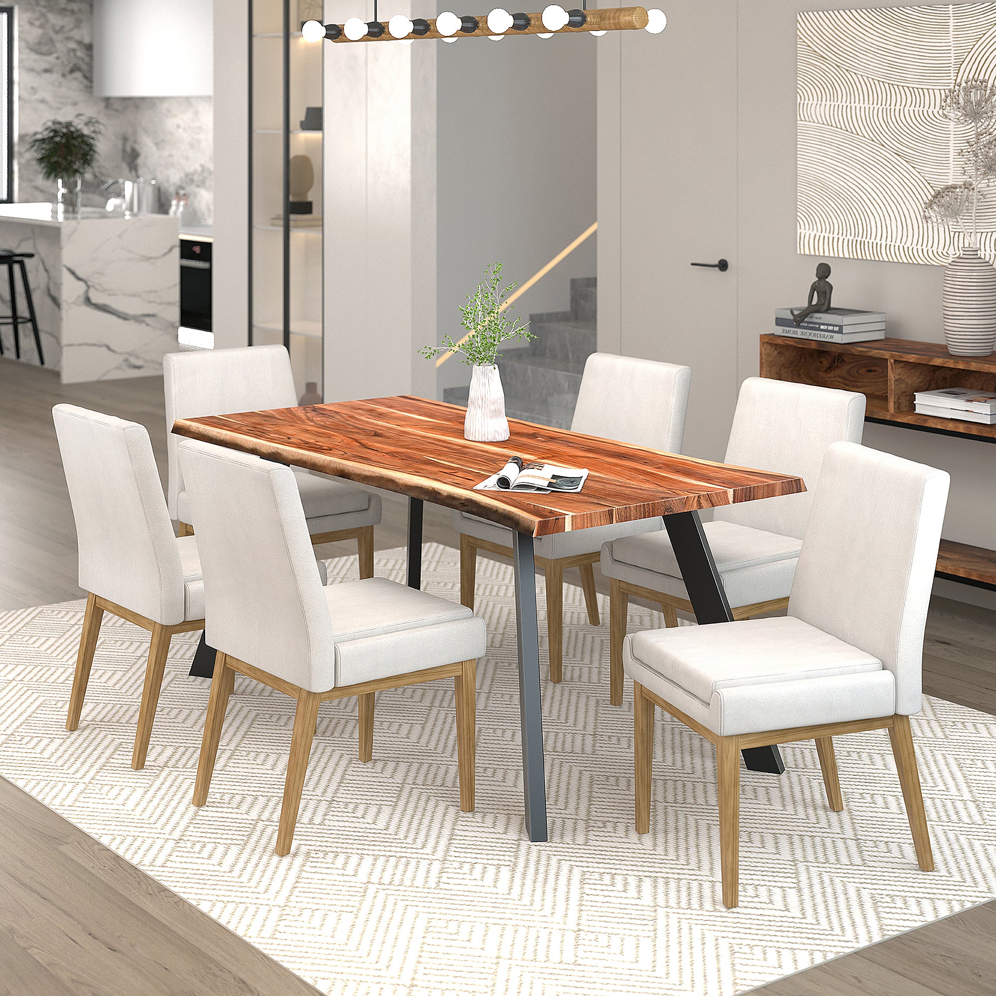 Wauseon/Bradlie Solid Wood/Iron/Fabric/Metal 7Pc Dining Set - Natural Table/Beige Chair