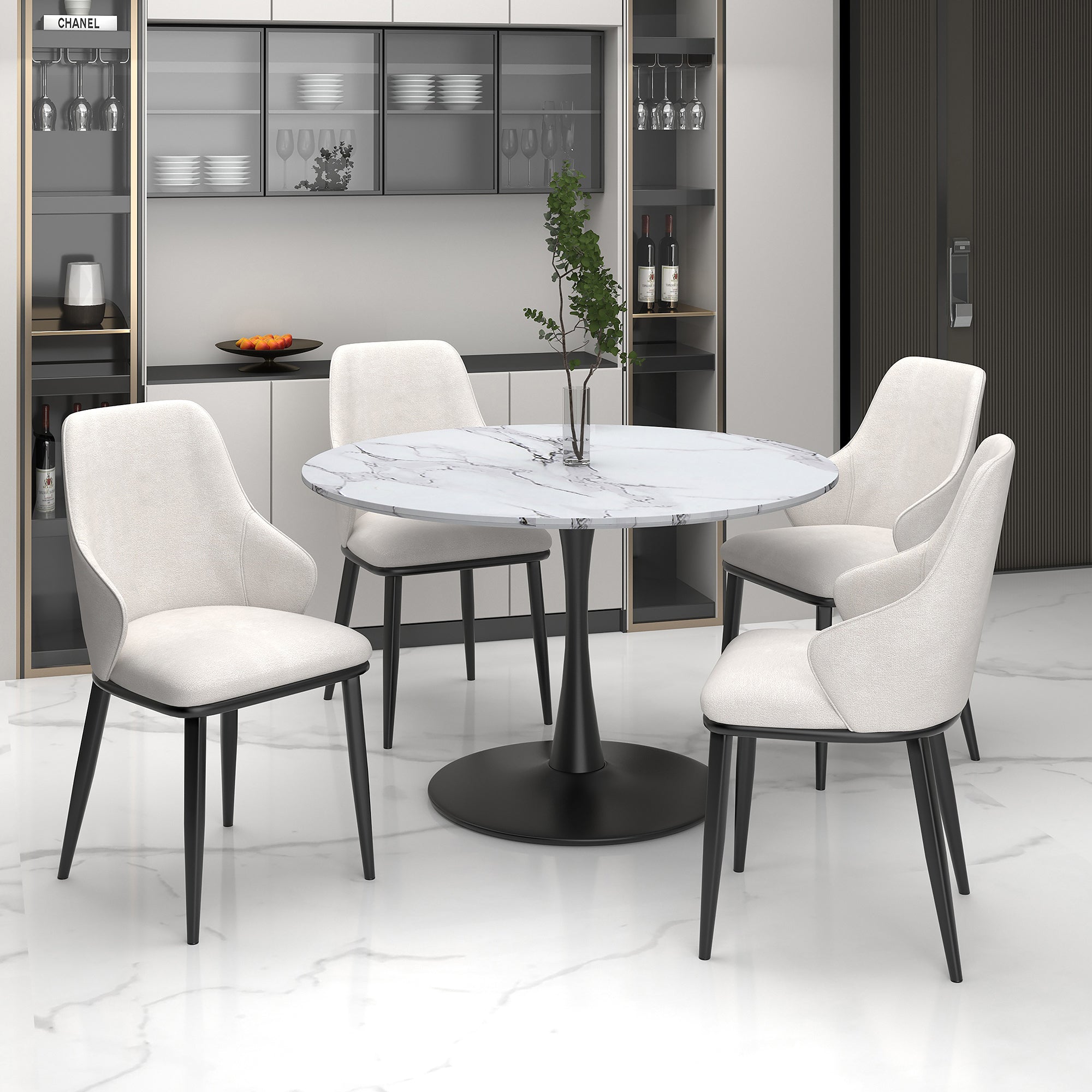 Zinia/Kelly MDF/Metal/Fabric 5Pc Dining Set - Black And Aged Gold Table/Beige Chair